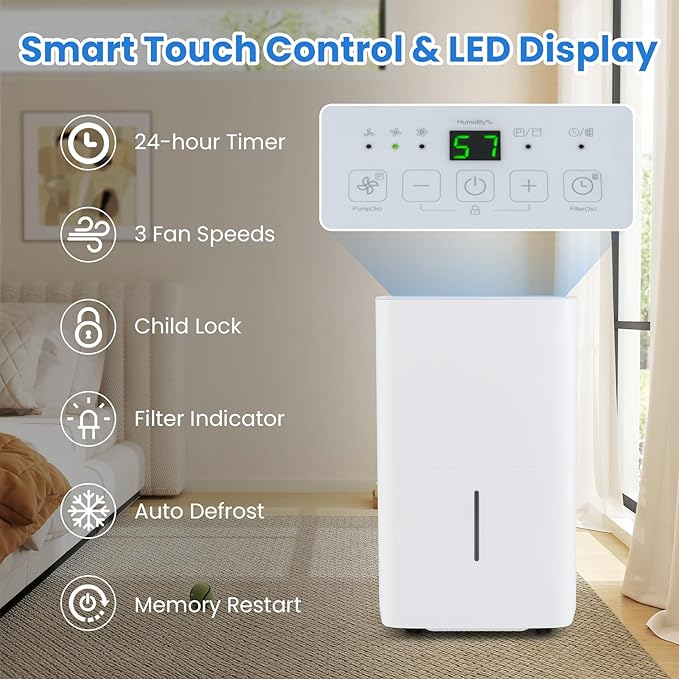 ARLIME 150 Pints Dehumidifier with Pump, 7000 Sq.Ft Energy Star Dehumidifier w/24H Timer, LED Display, Child Lock,2 Drain Hoses & Auto Defrost for Basement Garage Home Office (150 Pints)