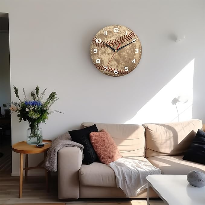 Wall Clock, 10 Inch Silent Non-Ticking Home Kitchen Decor, Battery Operated for Bathroom Bedroom Living Room Office(Vintage Baseball,Ball Game Sports American)