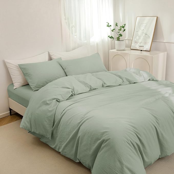 JIYUAN 100% Washed Cotton Duvet Cover Set 3 Pieces Cal King, 1 Duvet Cover 104x98 Inches(Comforter Not Included) and 2 Pillowcases,Linen Feel Bedding Set Comfy and Breathable, Heathered Sage Green