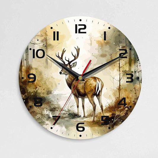 Wall Clock, 10 Inch Silent Non-Ticking Home Kitchen Decor, Battery Operated for Bathroom Bedroom Living Room Office(Forest Deer)