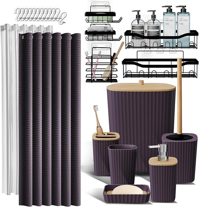 Shower Caddy and Bathroom Accessories Set, 25PC Bathroom Accessory Set with Shower Caddy for Bathroom Storage, Purple Shower Curtain Set, Toilet Brush, Trash Can, Soap Dispenser, Toothbrush Holder