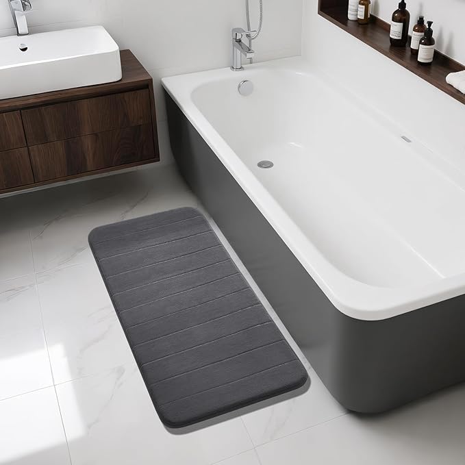 Yimobra Long Bath Mat 44"x24", Super Soft Quick Dry Memory Foam Bathroom Rug, Water Absorbent, Non Slip Backing Machine Washable for Tub Shower, Thick Comfort Support, Dark Gray