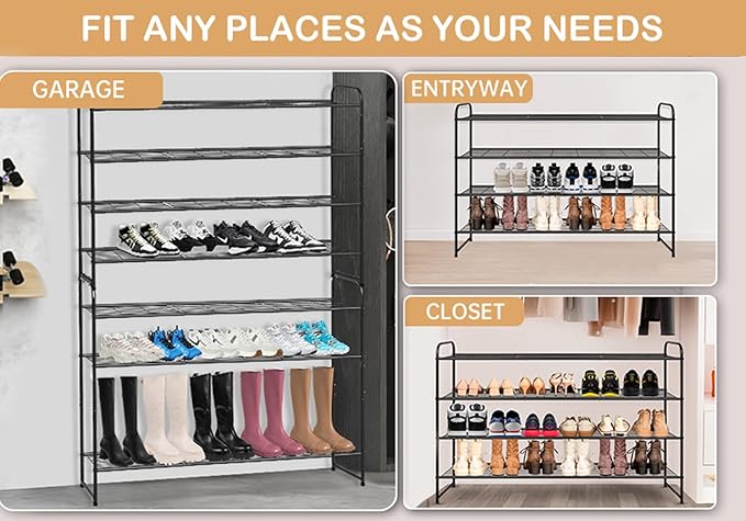 KEETDY 4-Tier Long Shoe Rack for Closet, Wide Shoe Organizer for Closet Floor Storage, Stackable Shoe Rack for Entryway Metal Shoe Shelf for 30 Pairs Men Sneakers with Wire Grid for Bedroom, Black