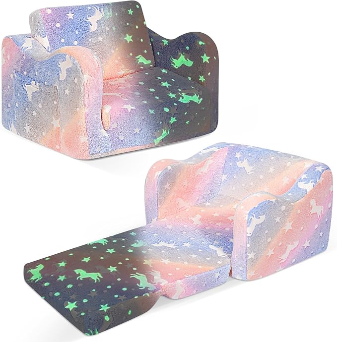 Kids Couch for Toddlers, 2-in-1 Kids Sofa Chair Glow in The Dark, Comfy Soft Foldable Toddler Couch Chair for Girls and Boys