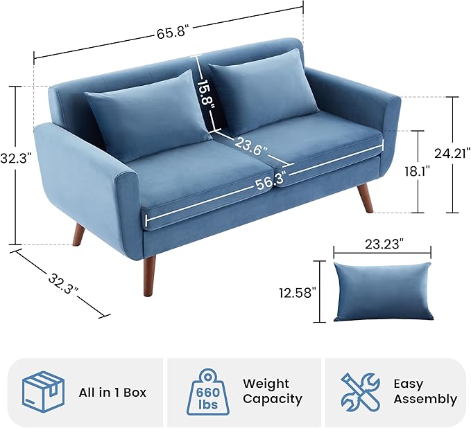 Tbfit 65" W Loveseat Sofa, Velvet Mid Century Modern Love Seat Couches for Living Room, Button Tufted Upholstered Small Couch for Bedroom, Solid and Easy to Install Love Seats Furniture, Blue