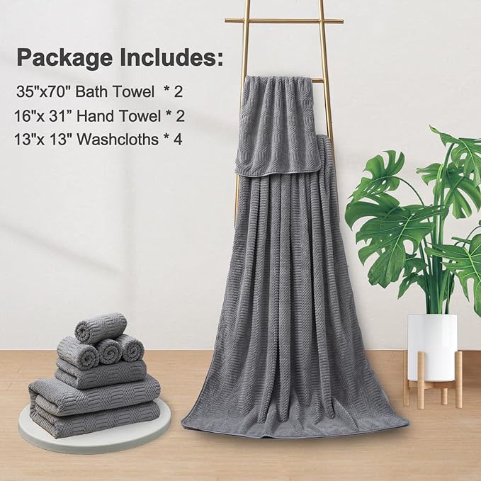 8 Piece Oversized Bath Towels Set Gray,2 Extra Large Bath Towel Sheets,2 Hand Towels and 4 Washcloths 600 GSM Highly Absorbent Quick Dry Towels Set for Bathroom Hotel