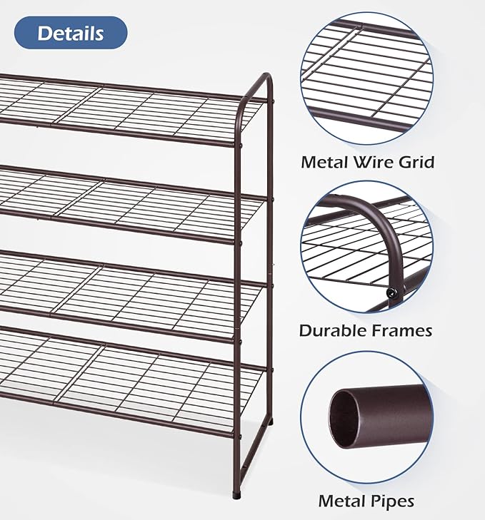 KEETDY 4-Tier Long Shoe Rack for Closet Floor, Wide Shoe Organizer Storage, Stackable Shoe Rack for Entryway Metal Shoe Shelf for 30 Pairs Men Sneakers with Wire Grid for Bedroom, Bronze