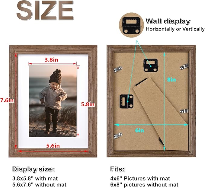 KINLINK 6x8 Picture Frame Rustic Brown, Solid Wood Frames with Acrylic Plexiglass for Pictures 4x6 with Mat or 6x8 without Mat, Tabletop and Wall Display Photo Frame, Set of 4