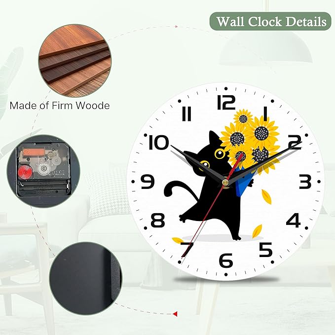 Wall Clocks,Black Cat Wall Clock Decorative,Sunflower Kitchen Wall Clock Battery Operated-10 Inch Round Bathroom Clocks Silent Non-Ticking