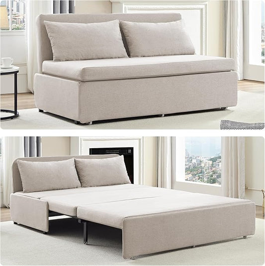 Queen Size Sofa Bed, Pull Out Sofa Bed with Cushions & Throw Pillows, Linen Couch Beds, Modern Convertible Sleeper Sofas Beds, Loveseat for Living Room for Small Spaces - Beige
