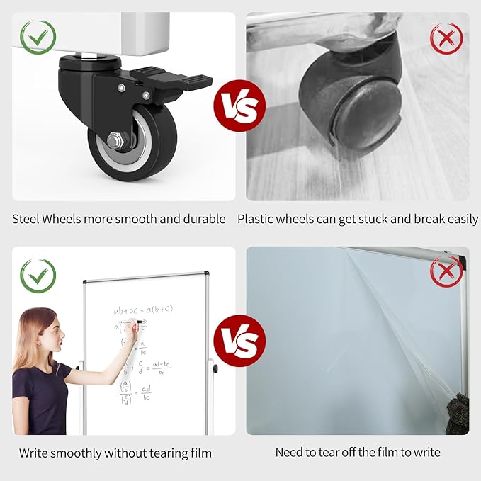 Rolling Whiteboard 40x28 Inches - Adjustable Height Standing Easel Whiteboard on Wheels for Home, Office, Classroom Black