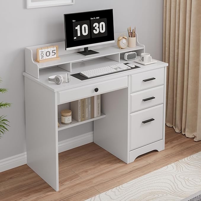 4 EVER WINNER White Desk with Drawers, Small Computer Desk with File Drawer for Small Spaces, Home Office Desks with Monitor Stand Wood Table for Study Writing, White