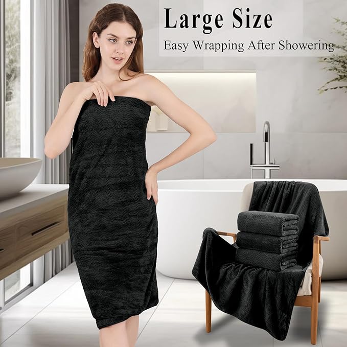 Black Bath Towels Set of 8, Bathroom Towel Quick Dry Textured,2 Oversized Shower Towels Large/2 Hand Towels/4 Washcloths,Ultra Soft Microfiber Absorbent Face Towels Bath Sheets For Bathroom Hotel Spa