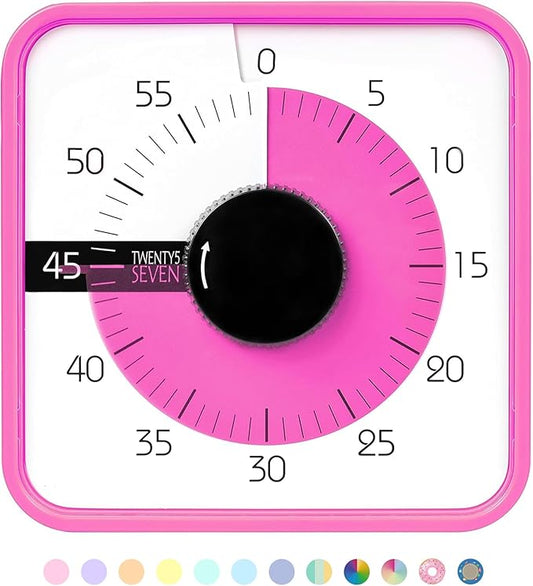 TWENTY5 SEVEN Countdown Timer 7.5 inch; 60 Minute 1 Hour Visual Timer – Classroom Teaching Tool Office Meeting, Mechanical Countdown Clock for Kids Exam Time Management Magnetic, Pink