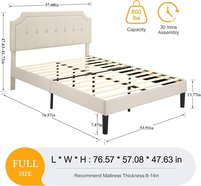 VECELO Full Upholstered Platform Bed Frame with Adjustable Button Stitched Panel Headboard,Strong Wood Slat Support,Velcro Design,Mattress Foundation/Easy Assembly,Beige