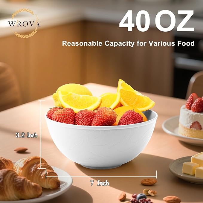 White Wheat Straw Bowls for Cereal and Salad,Alternative Plastic Bowls Set of 6,40oz Unbreakable Soup Bowls suitable for Kitchen,Party,Camping and R.V.
