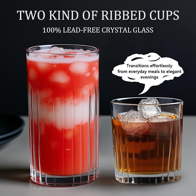 Laerjin Drinking Glasses Set of 8, 12 oz Highball Glasses & 10 oz Cocktail Glasses Set, Glassware Drinking Glasses, Glassware Sets for Cocktail, Beer, Wine, Whiskey, Water & Juice Drinkware(Clear)