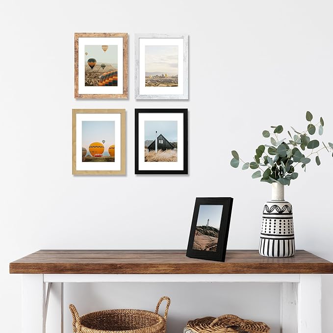 11x14 Picture Frame Set of 4, High Definition Tempered Glass 11 x 14 Photo Frames for Wall Mounting(Distressed White+Oak+Rustic Brown+Black)
