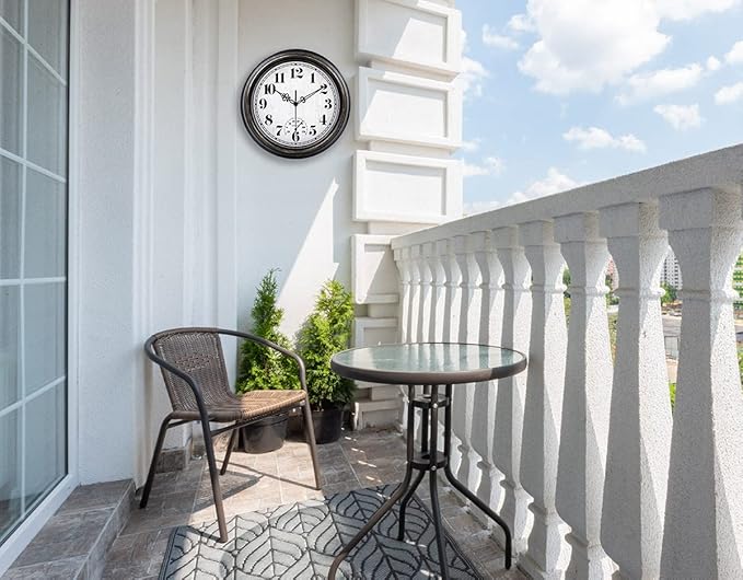 zyzamay 12 Inch Indoor Outdoor Clocks,Waterproof Wall Clock with Thermometer,Easy to Read,Non-Ticking Battery Operated Quality Quartz Clock, Decorative for Patio,Porch,Pool,Bathroom(BlackGold)