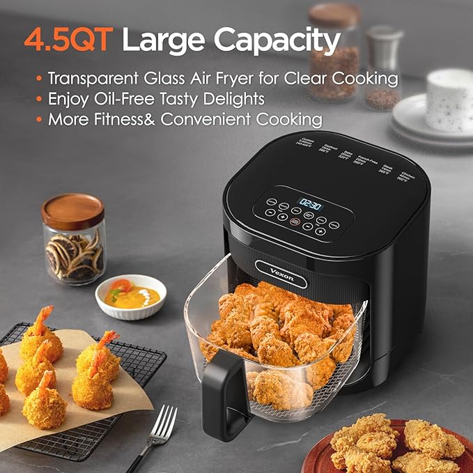 Vexon 4.5L Glass Air Fryer ,Clear Viewing Window ,Easy-to-Clean Basket ,Multiple Cooking Modes ,User-Friendly Digital Controls (Black)