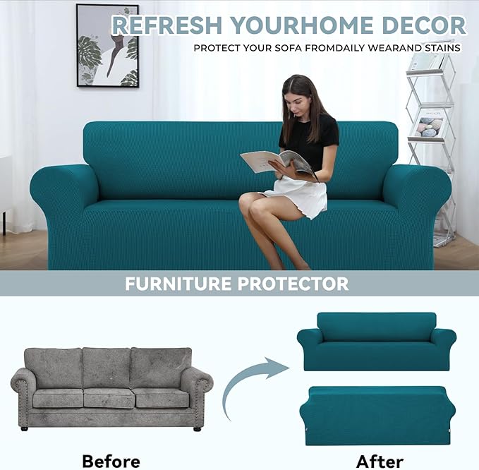 LURKA Stretch Sofa Slipcovers 1 Piece Couch Covers for 3 Cushion Couch Sofa Furniture Protector Full Sofa Covers with Elastic Bottom for Kids and Dog (Large, Peacockblue)