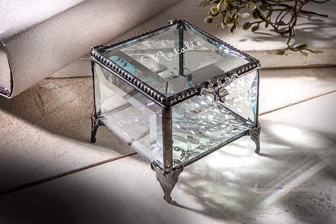 Personalized Clear Beveled Glass Box Decorative Vanity Display Case Storage Jewelry Organizer Keepsake Gift for Her Girl Women Vintage Decor J Devlin Ellen Box 326 EB245