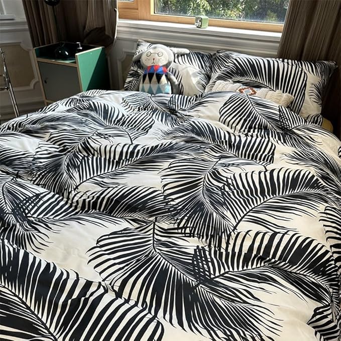 Black Palm Leaf Comforter Set King Size Ultra Soft Down Alternative 3-Piece Palm Leaf Twin Size Bedding Set Soft and Breathable Comfortable