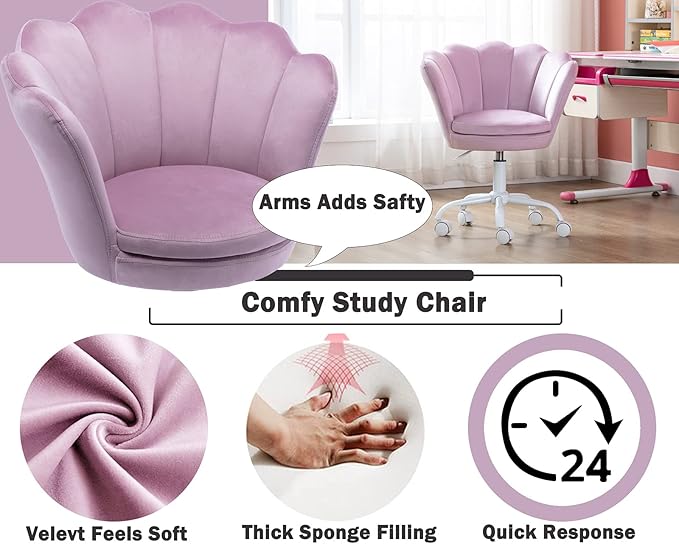 DM Kids Desk Chair Ergonomic Reading Study Adjustable Computer Chair for Students Cute Modern Upholstered Velvet Swivel Rolling Arm Chair with Seashell Back for Girls Bedroom, Purple