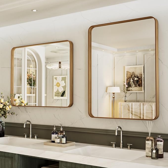 LOAAO 24X32 Inch Bathroom Mirror with Wood Grain Colored Metal Frame, Rounded Rectangle Metal Framed Bathroom Mirror, Anti-Rust, Hangs Horizontally or Vertically