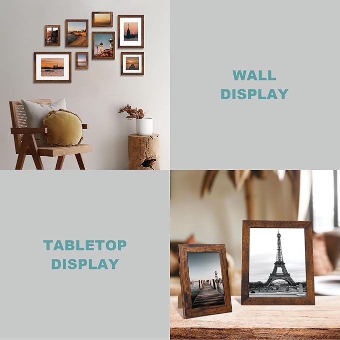 9x12 Picture Frame Set of 4 with Tempered Glass, Wooden Rustic Frame Display 6x8 Pictures with Mat or 9 x 12 Without Mat, Photo Frame for Wall Mount and Tabletop Display
