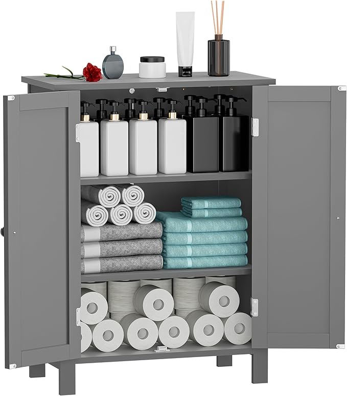 ZENY Bathroom Floor Storage Cabinet with Double Door + Adjustable Shelf, Wooden Organizer Cabinet for Living Room, Bathroom, Bedroom, Modern Home Furniture (Gray)
