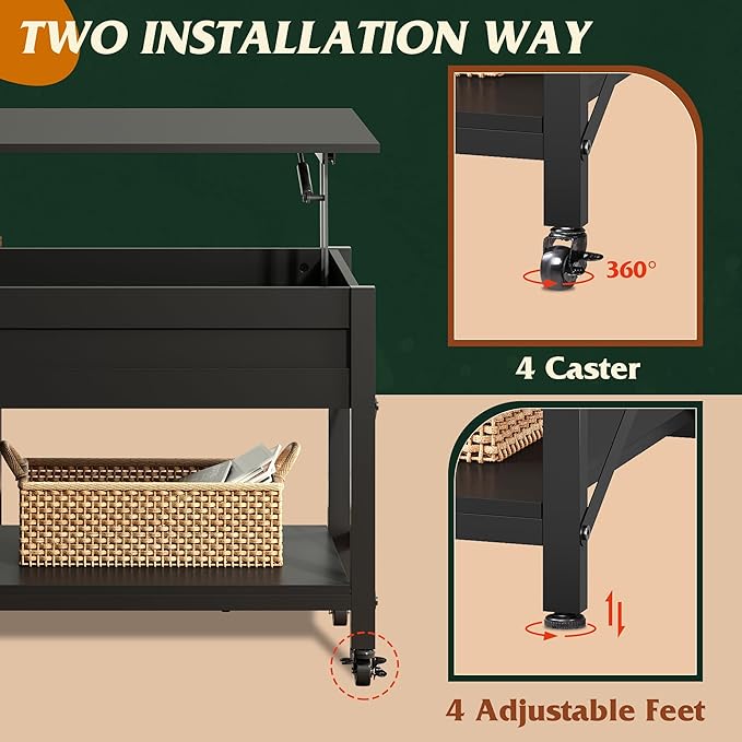 WLIVE Coffee Table, 41.3" Lift Top Coffee Table with 4 Wheels, Hidden Compartment, Storage Shelf and Lift Tabletop for Living Room, Reception Room, Black