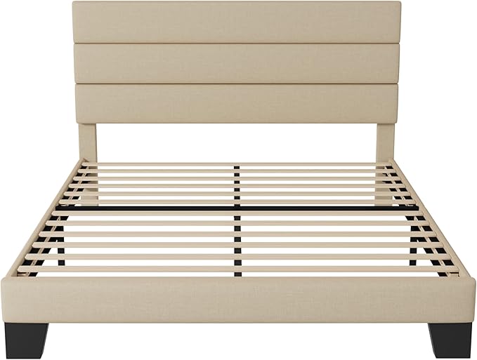 Allewie Queen Size Platform Bed Frame with Fabric Upholstered Headboard and Wooden Slats Support, Fully Upholstered Mattress Foundation/No Box Spring Needed/Easy Assembly, Beige