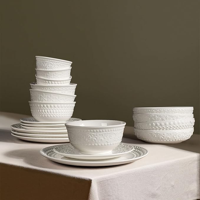 Small Ceramic Bowls - 14 Oz Ice Cream Bowls Set of 4, White Embossment Dessert Bowl for Kitchen, Soup, Side Dishes, Oatmeal, Rice, 4.75 Inch Microwave Oven Safe(Multiple Patterns)