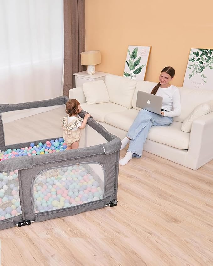 Foldable Baby Playpen with Gate, Extra Large Collapsible Play Yard for Babies & Toddlers, Portable Travel Playpen, Baby Activity Center for Indoor & Outdoor Use (Grey 51"×51")