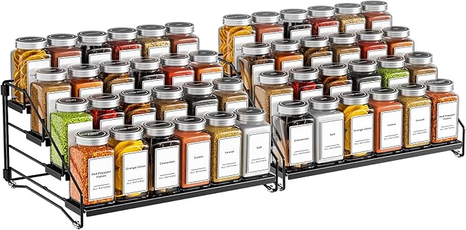 4 Tier Spice Rack Organzier, Spice Rack for Cabinet, Adjustable Depth Seasoning Shelf for Countertop, Pantry, Seasoning Organizer, Metal, Black (2 Pack)