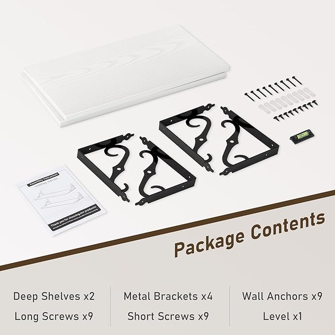 Deep Floating Shelves, 24" W x 12" D Wall Shelves Set of 2, Wide Display Shelf Wall Mounted with Brackets, Bookshelf for Living Room, Bathroom, Bedroom, White