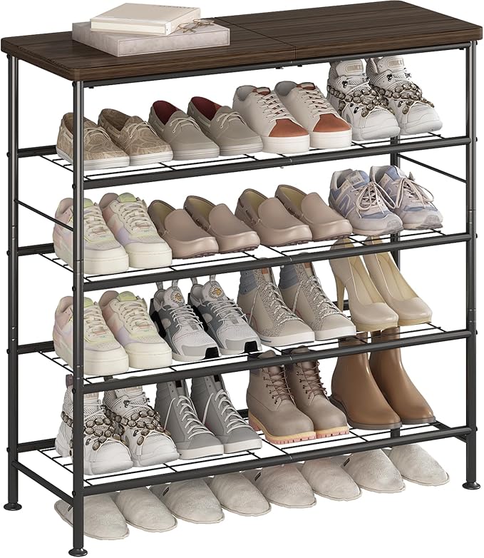 Shoe Rack Organizer 5 Tier for Closet Entryway Free Standing Metal Storage Shoe Shelf with MDF Top Board,Black+Rustic Brown