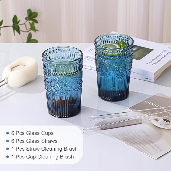 Vintage Glassware Drinking Glasses Set of 6,13 oz Blue Textured Flower Design Glass Water Tumblers,Embossed Striped Drinkware for Water,Cocktails,Juice,Iced Coffee