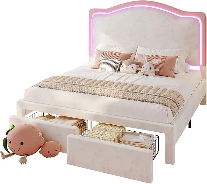 Jocisland Queen Bed Frame with Storage Drawers, 51" Adjustable Velvet Headboard, RGB LED Lights, Upholstered Platform Bed, Modern Bed for Teens, Guest Room, No Box Spring Needed, Cream