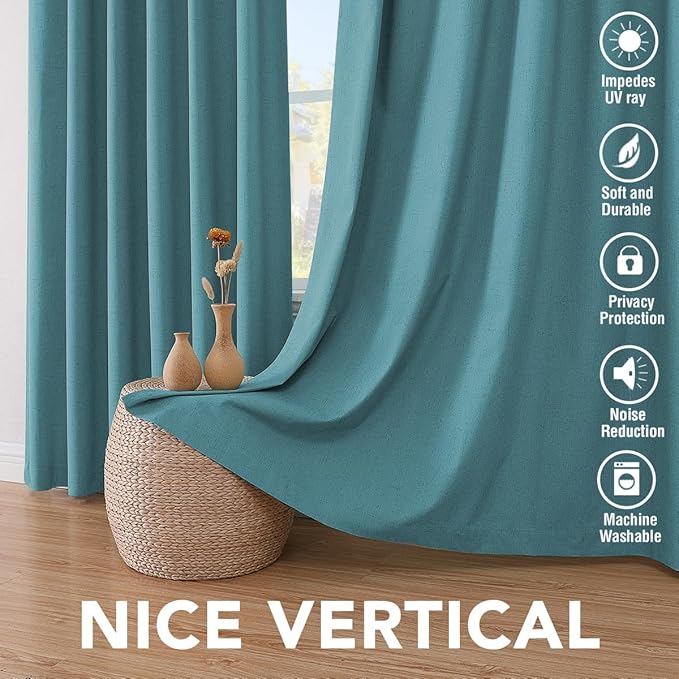 H.VERSAILTEX Primitive Linen Curtains 100% Blackout Curtain Drapes Burlap Fabric Curtains with White Thermal Insulated Liner, Grommet Top Curtain Living Room/Bedroom (2 Panels, 42 x 54 Inch, Teal)