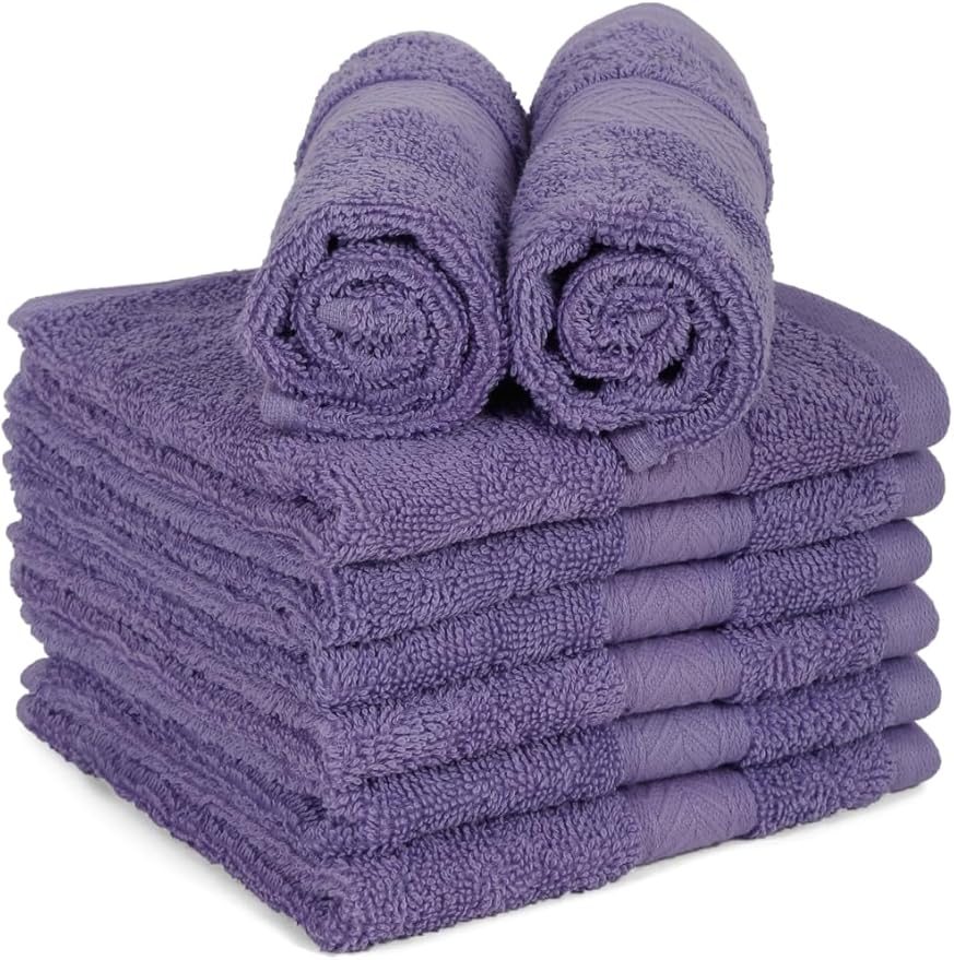 Casa Lino Face Towels & Body Wash Cloths for Showering - 100% Cotton Wash Cloths for Bathroom - Highly Absorbent & Quick Drying Washcloth Set - Cotton Washcloths 24 Pack (12" x 12") - (Purple)