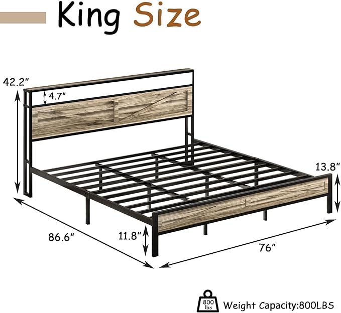 King Bed Frame with LED Lights and Charging Station, Metal Platform Bed King Size with 2-Tier Rustic Barn Door Storage Headboard, Noise-Free, No Box Spring Needed, Easy Assembly, Wash Grey