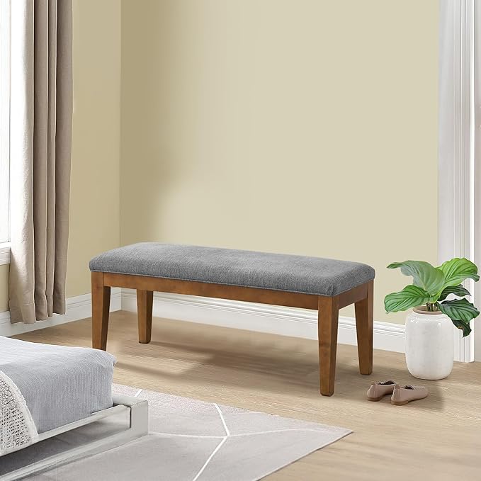 HUIMO Upholstered Entryway Bench, Bedroom Bench with Solid Wooden Legs, End of Bed Bench with Padded Seat for Living Room, Bedroom, Corners, Kitchen (Grey)