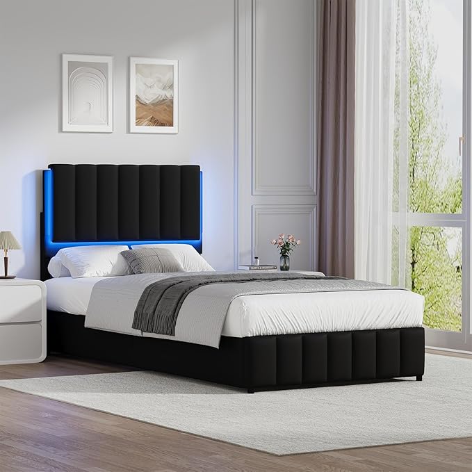 Twin Upholstered Bed Frame with LED Lights, Faux Leather Platform Bed with Headboard and Wooden Slats Support, No Box Spring Needed, Noise-Free, Easy Assembly, Black