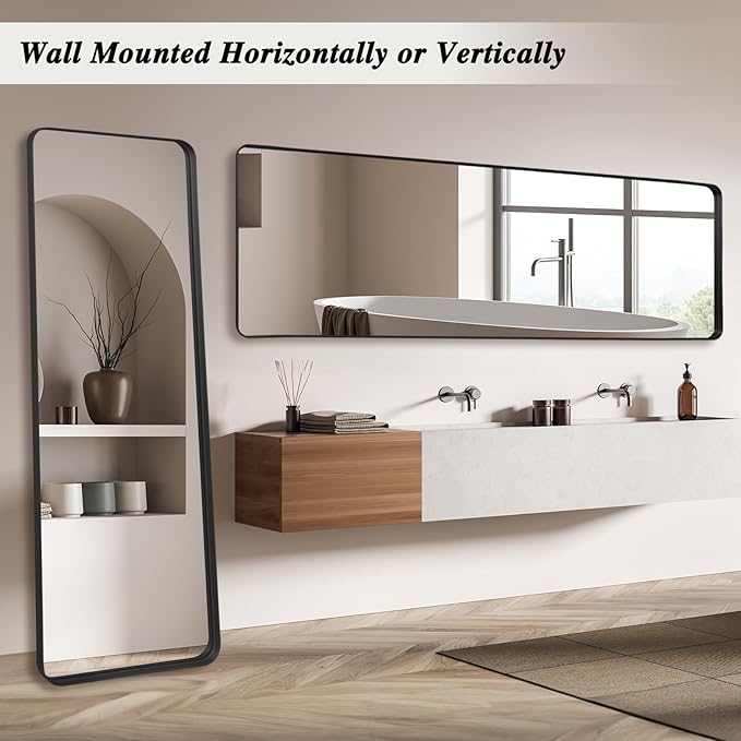 Rectangle Mirror Full Length 21" x 64" Large Floor Mirror Black Metal Deep Frame Wall Mounted Hanging for Home Decor Leaning Wall Full Body Dressing Mirror for Closet Bedroom