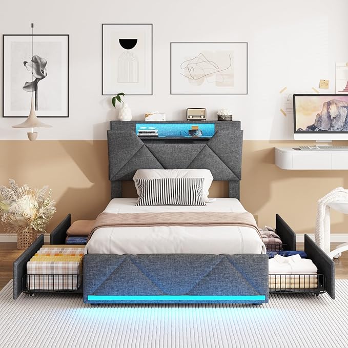 Vabches Twin Bed Frame with Storage Headboard and 4 Drawers,Upholstered Platform with Charging Station and Led Lights,Adjustable Headboard,No Box Spring Needed,Dark Grey