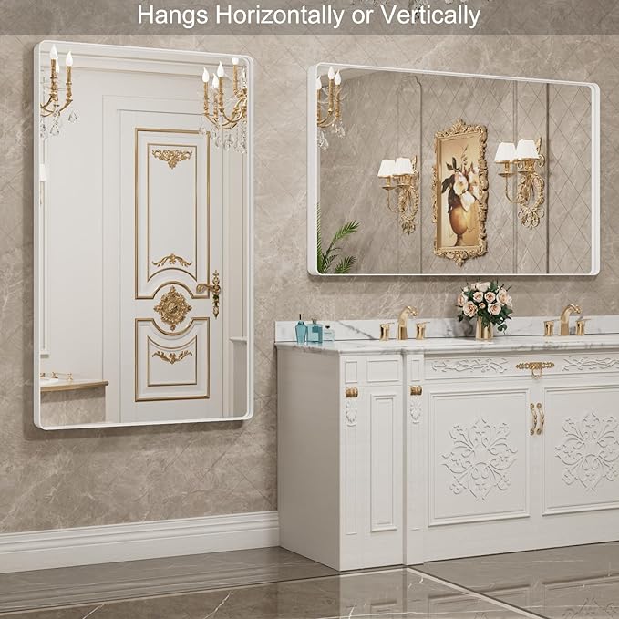 LOAAO 55x30 Inch White Metal Framed Bathroom Mirror for Wall, White Bathroom Vanity Mirror Farmhouse, Large Rounded Rectangle Mirror, Anti-Rust, Tempered Glass, Hangs Horizontally or Vertically