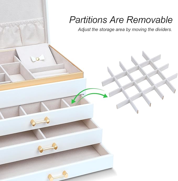 Jewelry Organizer Box, Women Jewelry Box White Jewelry Case 3-Layer with 3 Drawers, Jewelry Boxes for Women Jewelry Organizer, White