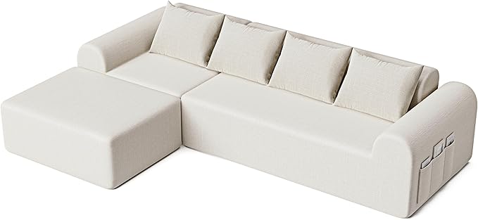 105.5” Cloud Boneless Sectional Sofa for Living Room, L-Shaped 4-Seater Modular Couch with Ottoman & 4 Pillows, Deep Seat Chenille Fabric Sofa, No Assembly, 72H Full Restore, Beige